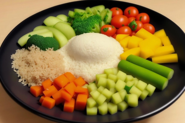 Een bord met groenten, waaronder broccoli, wortelen en komkommers.