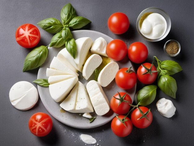 Een bord met kaas, tomaten, kaas en tomaten staan op een tafel.