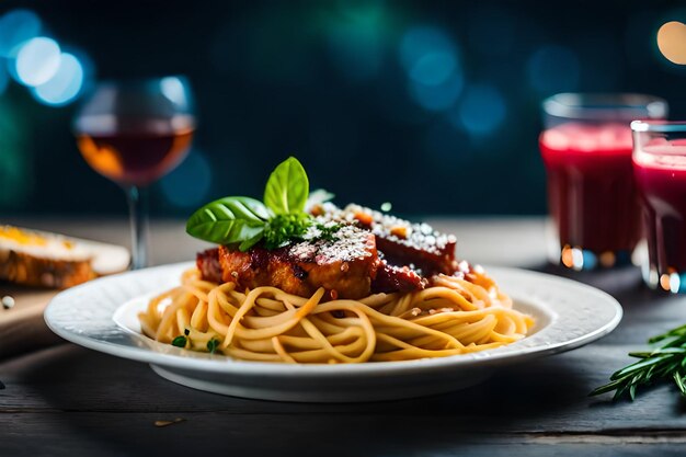 een bord met kip en pasta op een tafel.