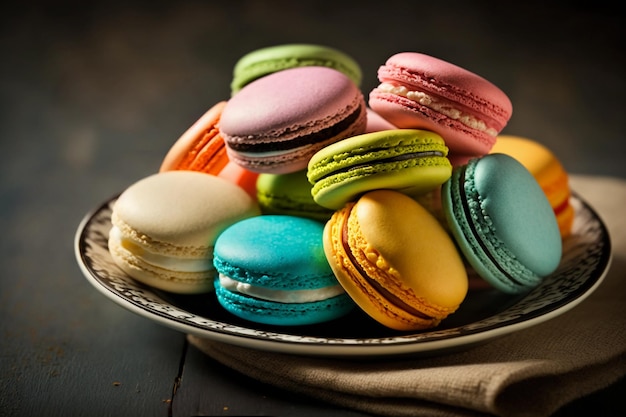 Een bord met kleurrijke macarons