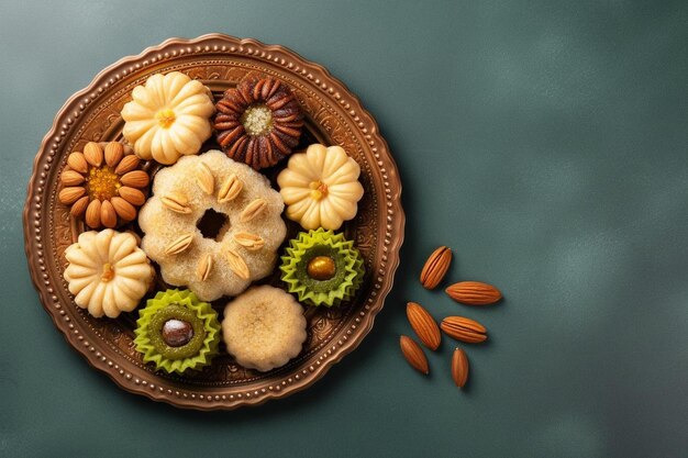 een bord met koekjes en noten op een tafel