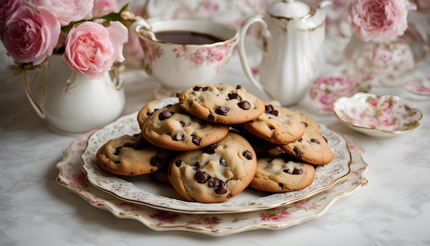 een bord met koekjes met een roze bloemige tafeldoek en een bord met een roose bloemige tafeldoek