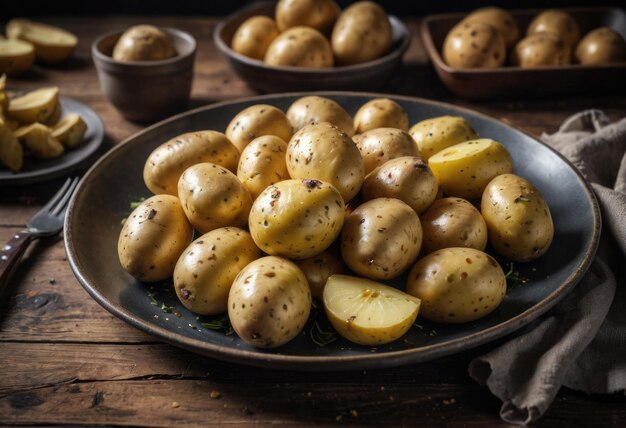 Een bord met rauwe aardappelen op een houten tafel klaar voor bereiding