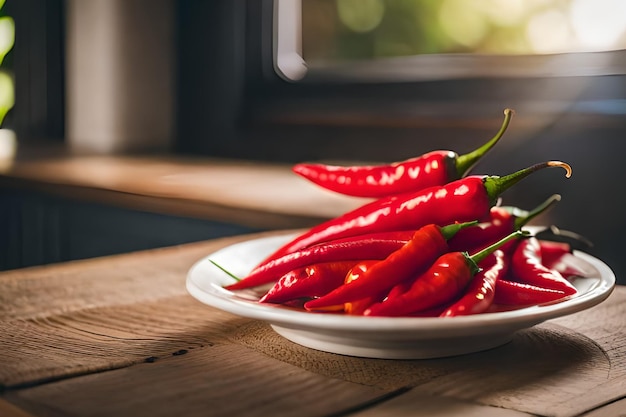 Een bord met rode chilipepers staat op een houten tafel.