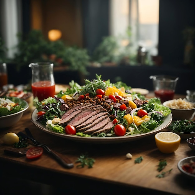 Een bord met saladevoedsel boordevol vlees en voedsel wordt gegenereerd