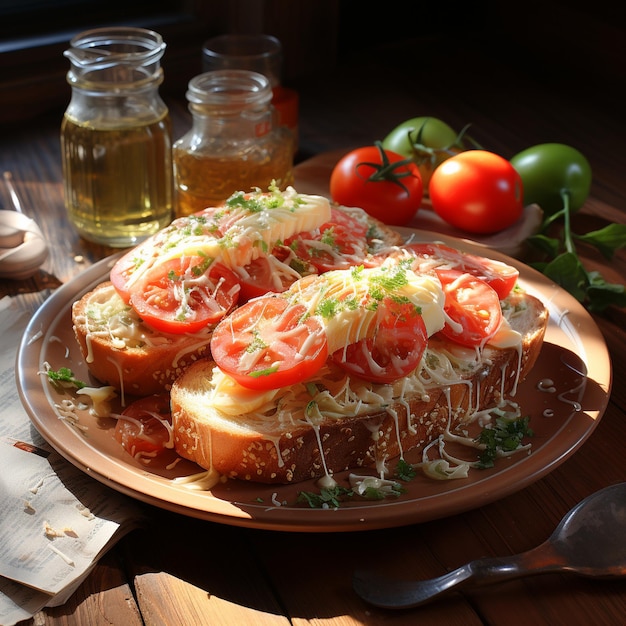 een bord met sandwiches met tomaten en kaas erop