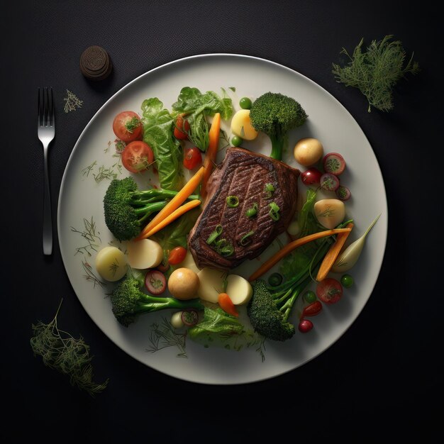 een bord met steak groenten en aardappelen erop