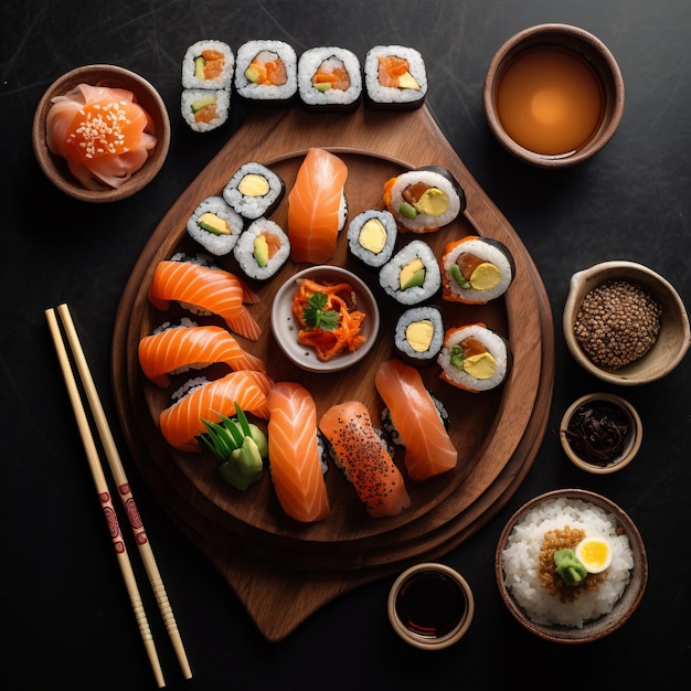 Een bord met sushi en ander eten, waaronder een verscheidenheid aan sushi.