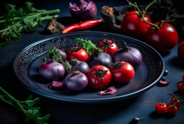 Een bord met tomaten, uien, specerijen en kruiden