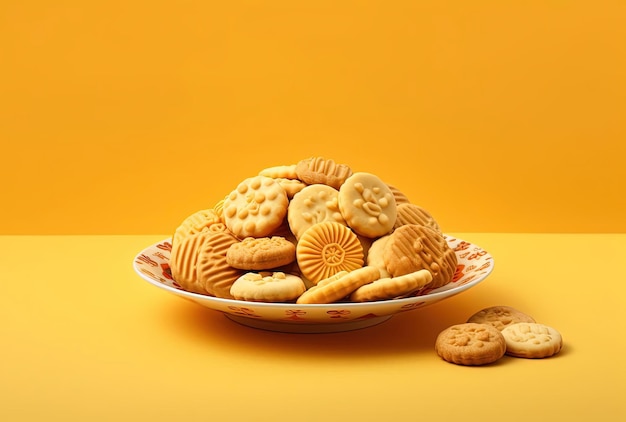 een bord met traditionele chinese koekjes op een gele achtergrond