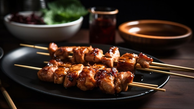 een bord met traditionele Japanse yakitori met spiesjes van perfect gegrilde kip