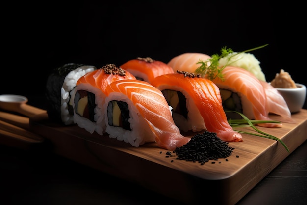 Een bord met traditionele verse Japanse sushibroodjes