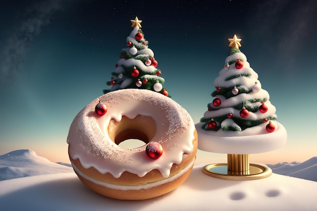 Een bord met twee donuts onder een kerstboom