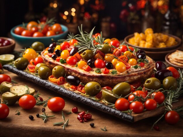 een bord met verschillende soorten voedsel, waaronder olijven, tomaten en olijven.