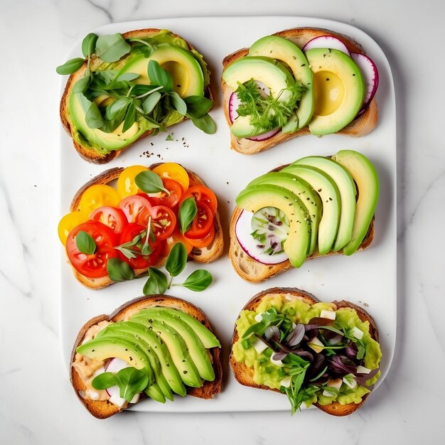 Een bord met verschillende toastjes met avocado, tomaat en groenten op een witte schaal op een marmeren tafel