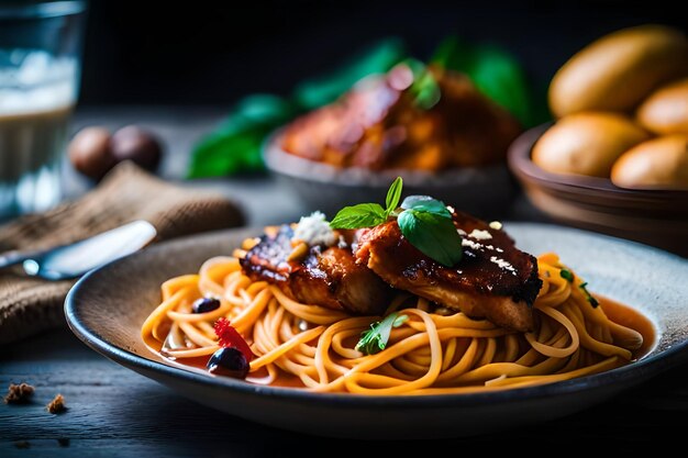 Foto een bord met vlees, pasta en groenten