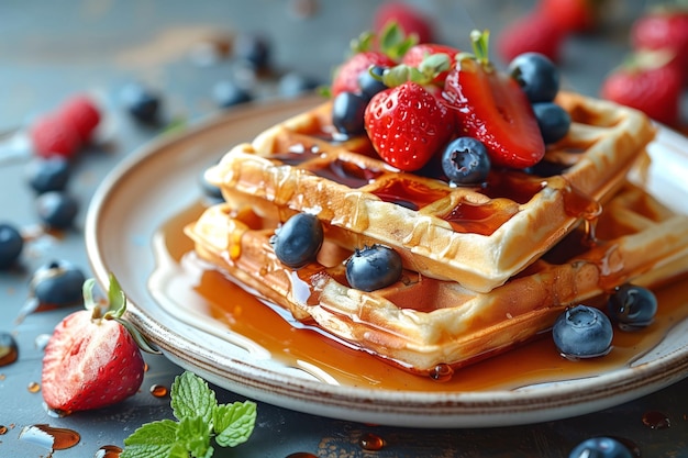 Een bord met wafels en bessen erop met een bord met bessen erop