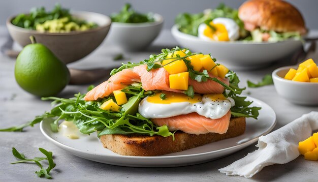 een bord met zalm en avocado erop