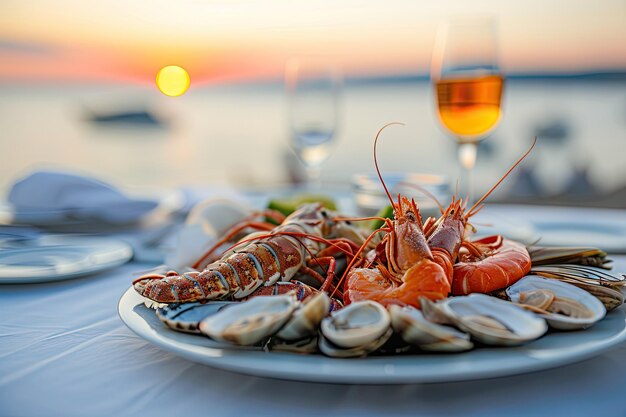 een bord met zeevruchten garnalen inktvis oesters kreeft het bij de oceaan