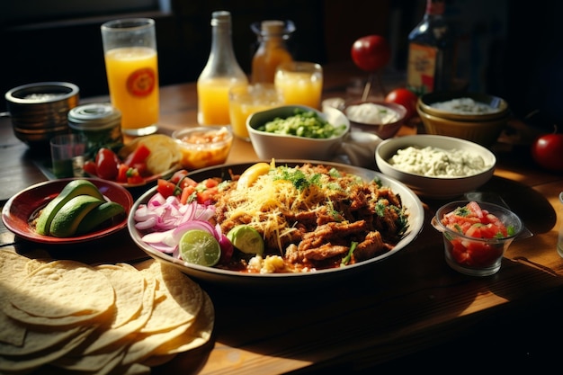 Een bord Mexicaans eten op een tafel.