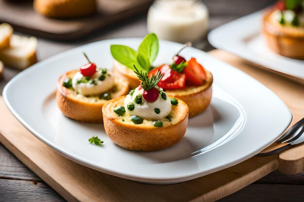 Een bord minidesserts met aardbeien en slagroom erop