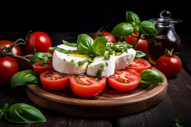 Een bord mozzarella en tomaten met basilicum erop