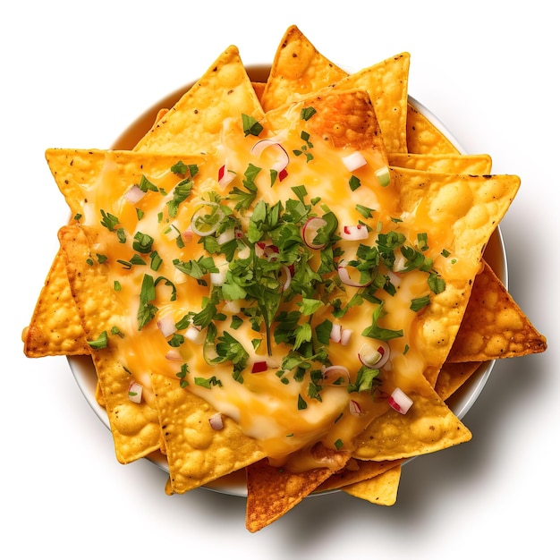 een bord nacho chips met een stapel chips erop