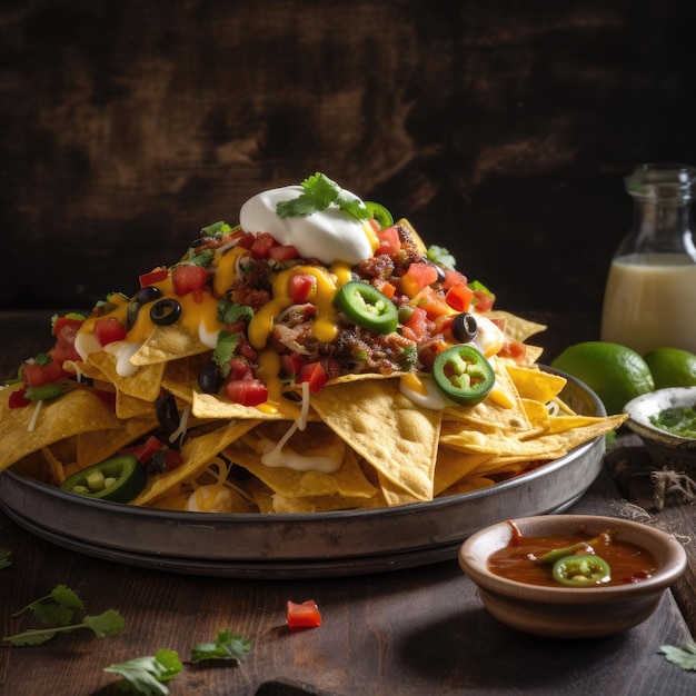 Een bord nacho's met een flesje saus erbij.