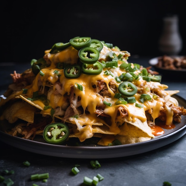 Een bord nacho's met groene uien erop