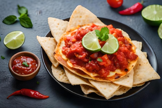 Een bord nacho's met salsa en salsa