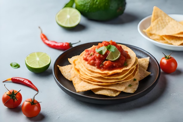 Een bord nacho's met tomaten en salsa