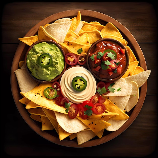 Een bord nacho's met verschillende toppings.