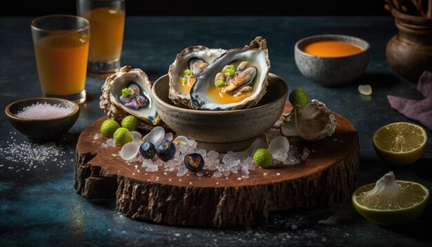 Een bord oesters met een glas bier erbij