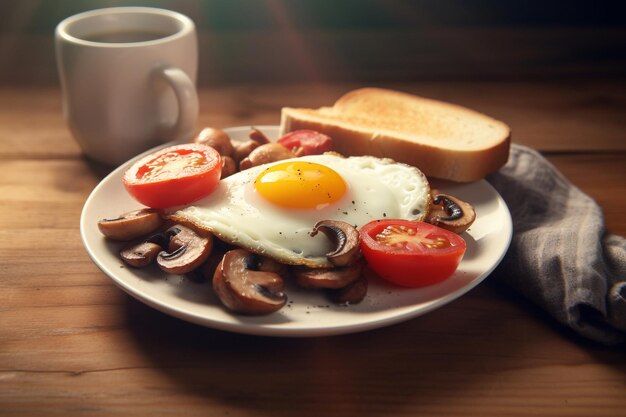 Een bord ontbijt met champignons, tomaten en toast