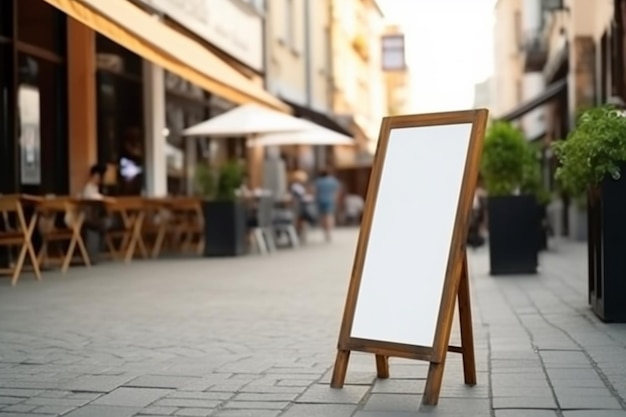 Een bord op een stoep voor een restaurant