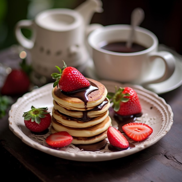 Een bord pannenkoeken met aardbeien en chocoladesiroop.