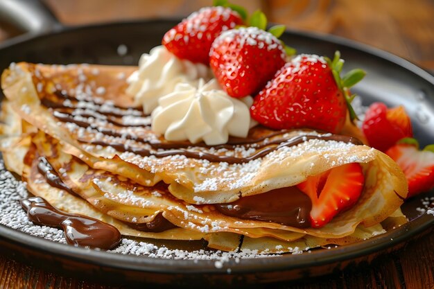 Foto een bord pannenkoeken met aardbeien en slagroom