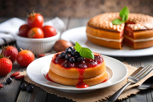 Een bord pannenkoeken met bosbessen en een fluitje van een cent