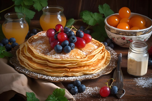 Een bord pannenkoeken met bosbessen en sinaasappels erop