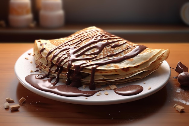 Een bord pannenkoeken met chocoladesaus en gemotregende chocolade.