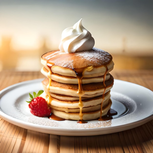 Een bord pannenkoeken met daarop een aardbei en daarop een bord siroop.