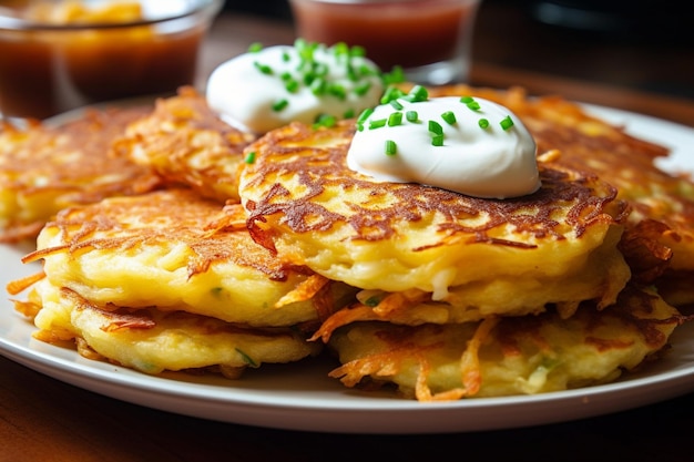 Een bord pannenkoeken met zure room en bieslook