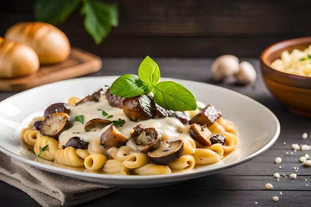 Een bord pasta met champignons en saus