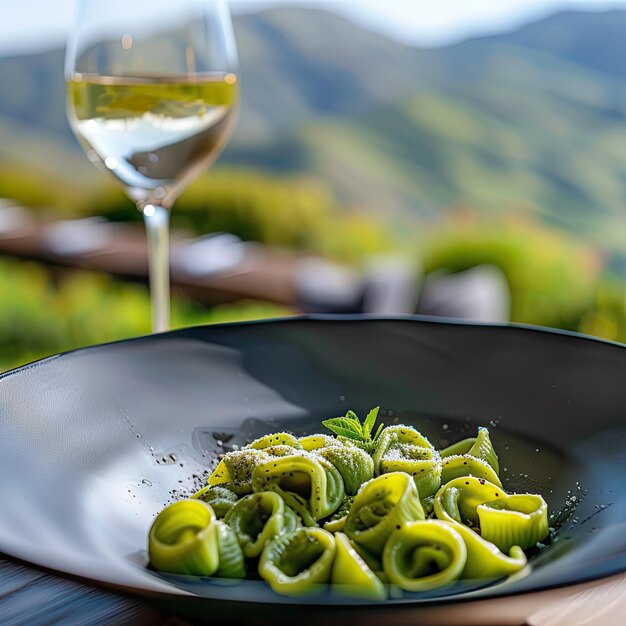 een bord pasta met een glas wijn en een glas wijn