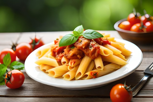 Een bord pasta met een tomatensaus erop