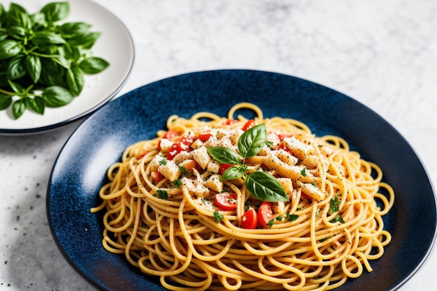 Een bord pasta met kip en basilicum erop