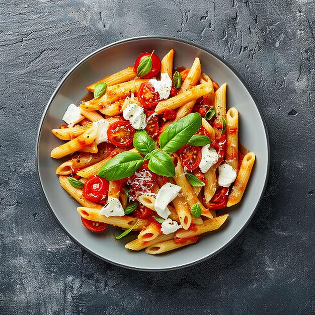 een bord pasta met paprika's en basilicum erop