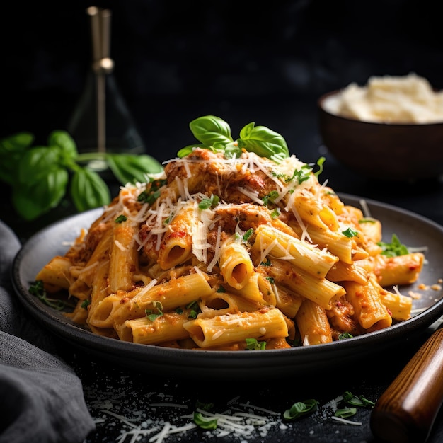 een bord pasta met saus en kaas