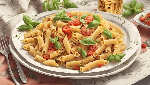 een bord pasta met tomaten en basilicum erop