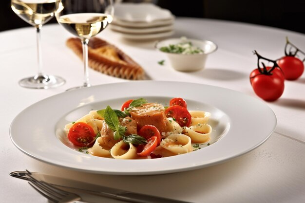 een bord pasta met tomaten en een glas wijn